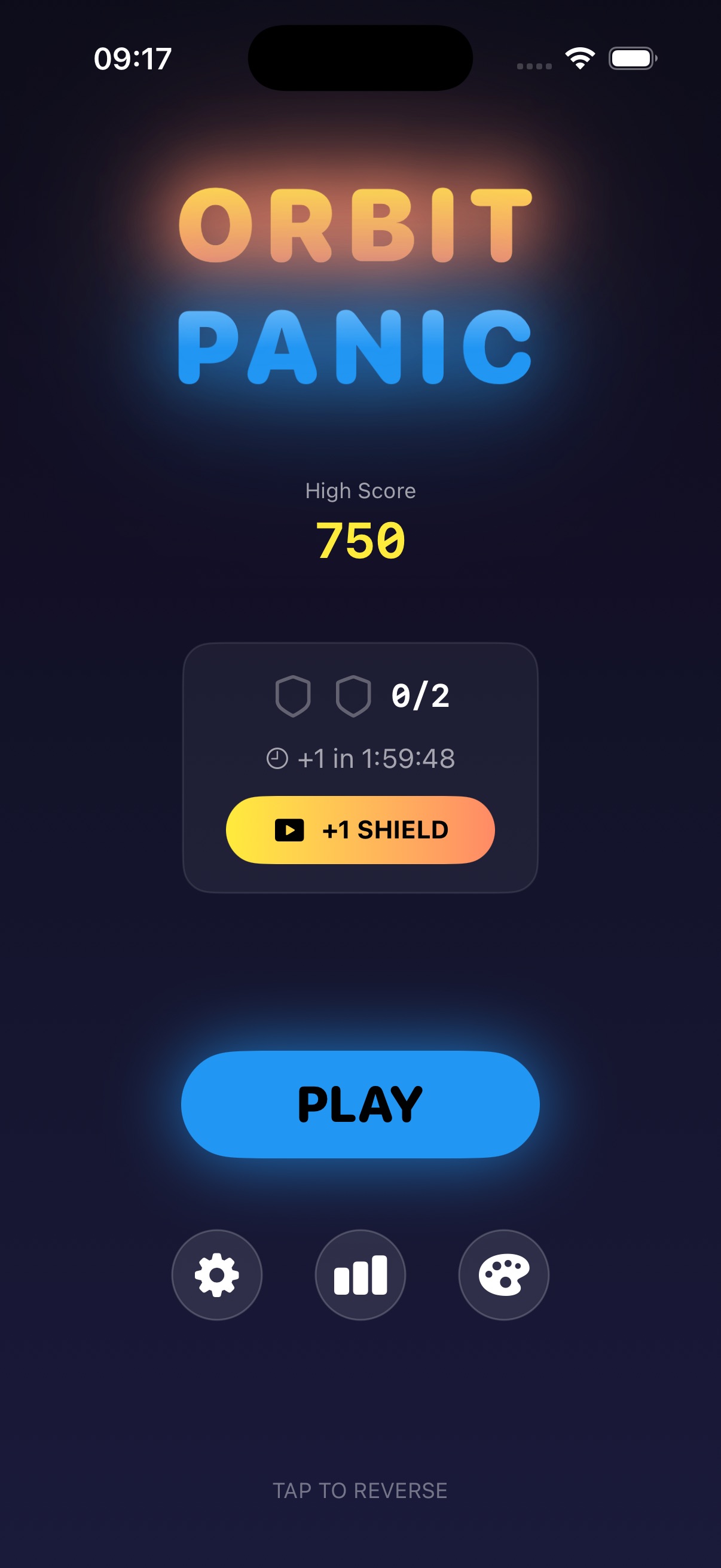 Orbit Panic main menu showing high score and play button